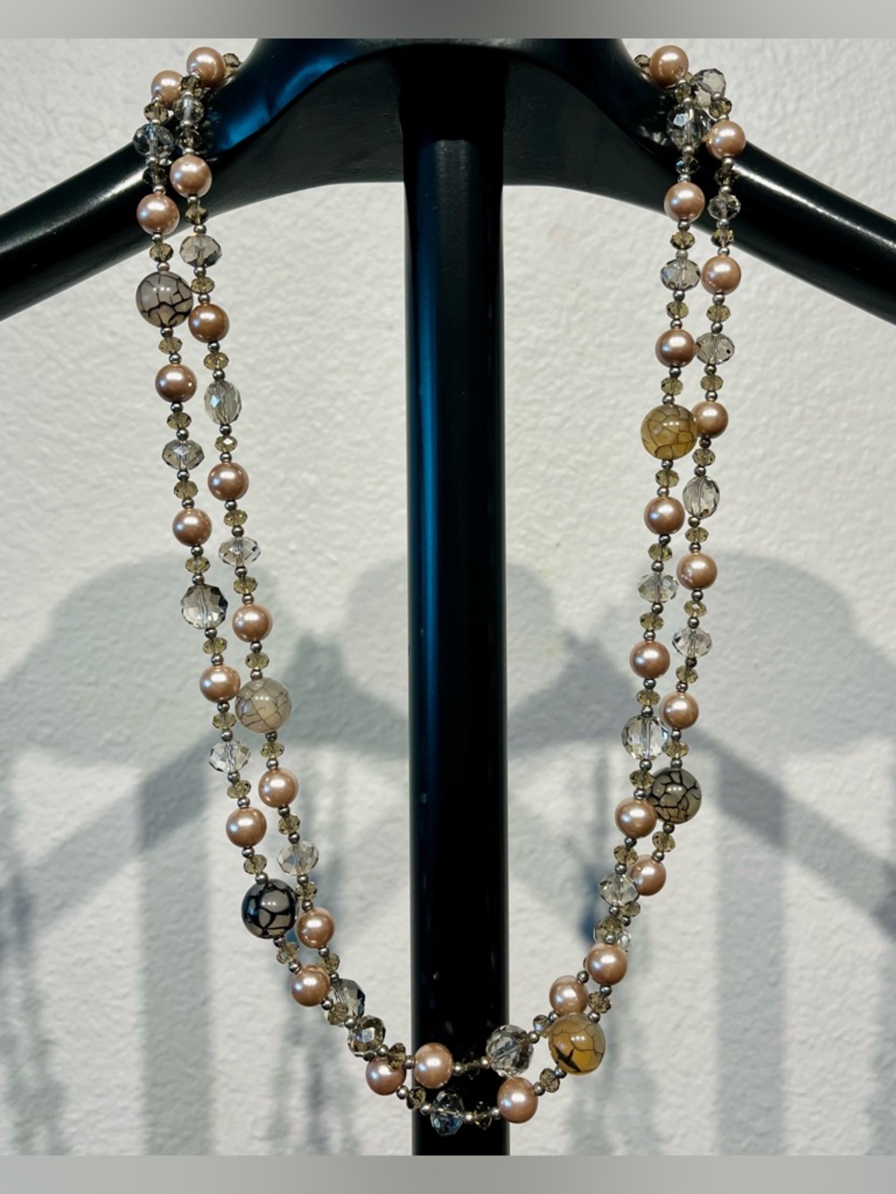 Vintage Long Blush Pink Pearl and Clear Crystal Beaded Necklace